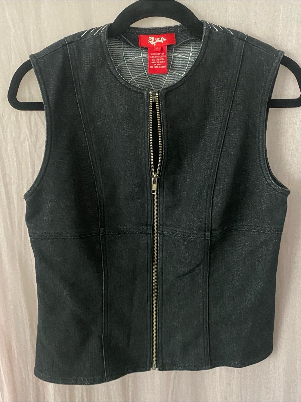 Vintage Dragon Fitted Sleeveless Denim Jacket Full Zip Y2K Moto Bikercore Large